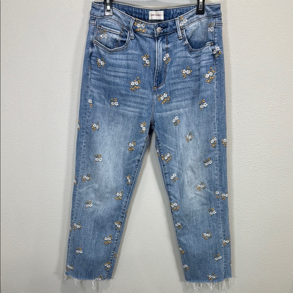 DRIFTWOOD Royce Straight Provence Blue Ankle Cropped Jeans Floral Embroidery